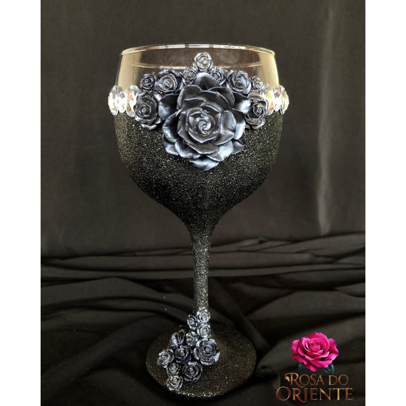 Taça Pomba Gira / Cigana Decorada Vidro Glitter Preto Rosa Negra