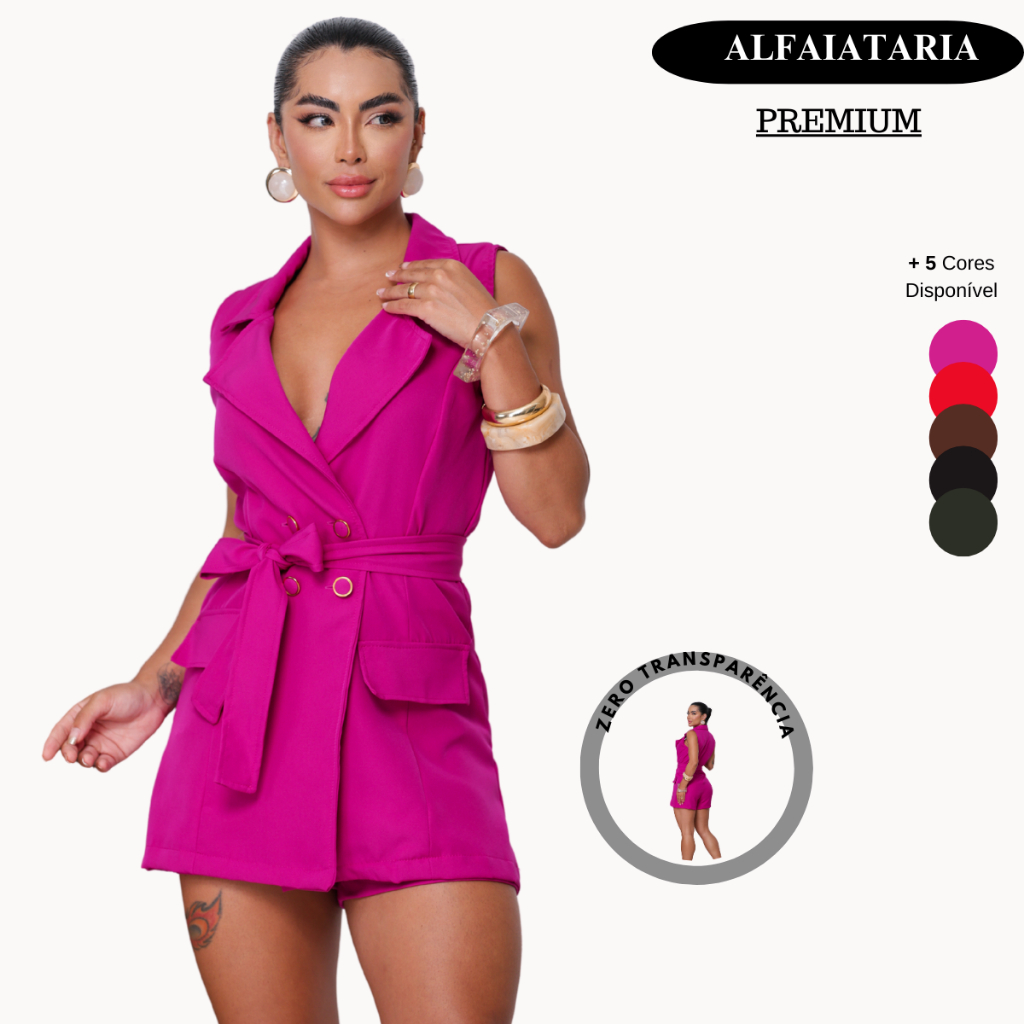 Macaquinho Feminino Social Blazer Premium Alfaiataria com Cinto Elegante e Sofisticado em Oferta na Shopee