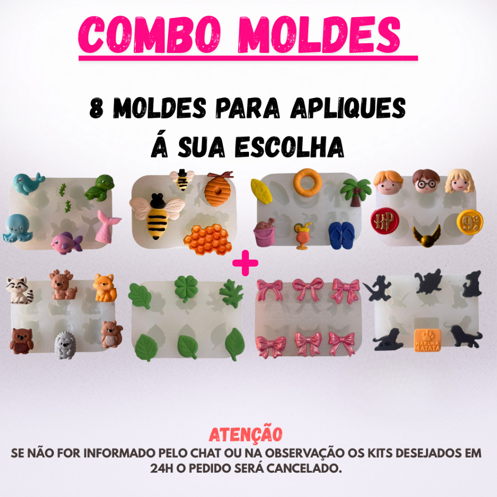 Combo Personalizado | 8 Moldes de Silicone para Apliques de Artesanato