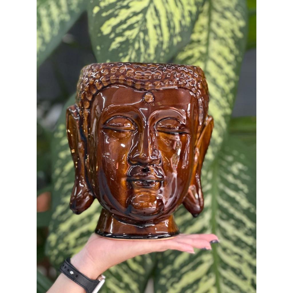 Vaso Cachepô Cabeça de Buda em Cerâmica Esmaltada
