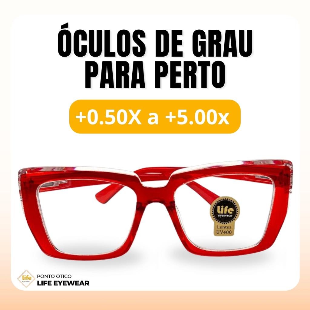 Óculos Quadrado Marília Grau +0,50 a +5,00 Feminino Leitura Hipermetropia Vermelho Transparente em Oferta na Shopee