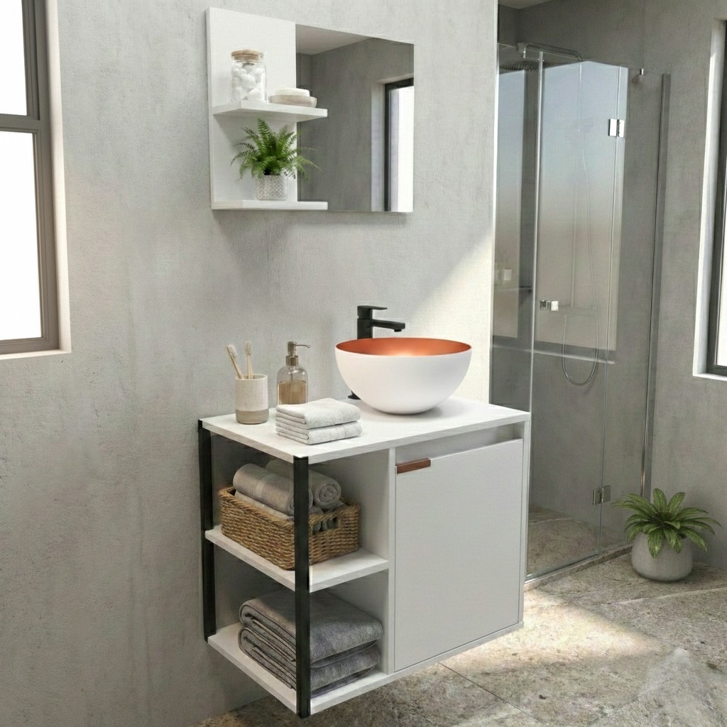 Kit Completo p/  Banheiro com Gabinete Armário Industrial c/ 2 Prateleiras + Cuba e Espelho