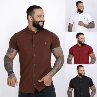 Camisa Social Masculina Gola Padre de Luxo Com Manga Curta Slim Fit  Tecido Premium