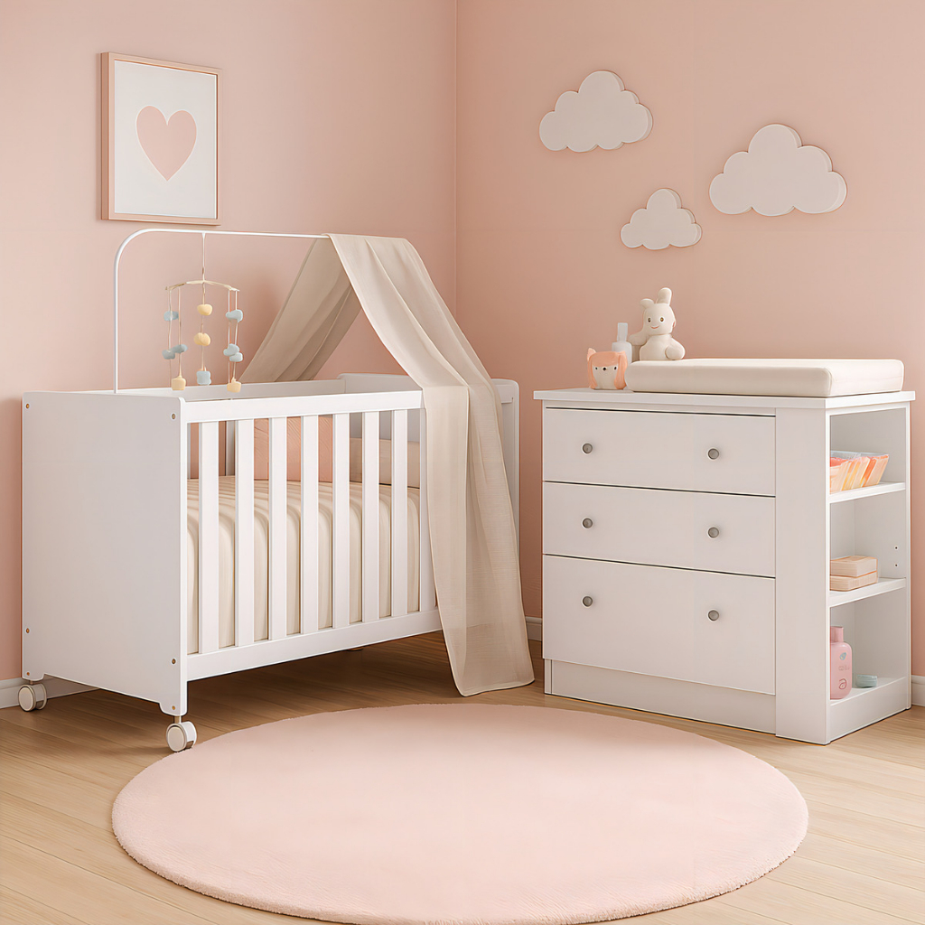 Berço Americano com Cômoda e Trocador Branco Quarto de Bebê Completo Seguro e Elegante pratico