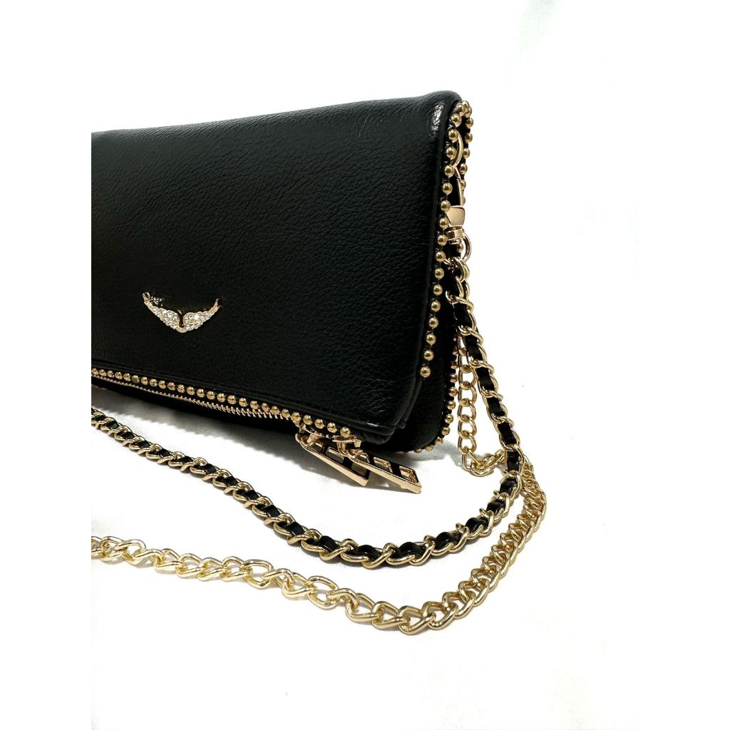Bolsa Clutch Zadig &  Inspired - Rock Chic com Asas prateadas e Corrente prateado! em Oferta na Shopee