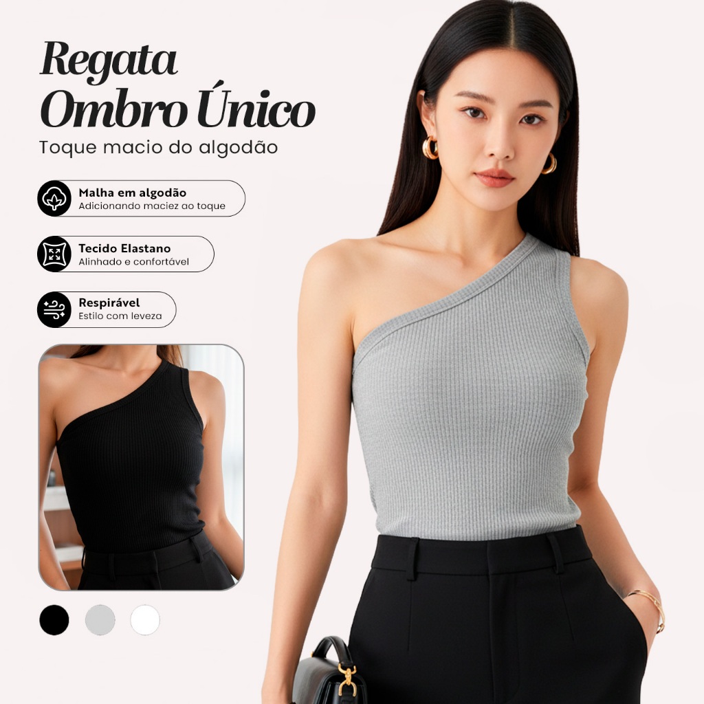 Regata Feminina Um Ombro Só Assimétrica em Ribana Canelada Premium – Algodão Macia, Confortável e Estilosa para o Verão em Oferta na Shopee