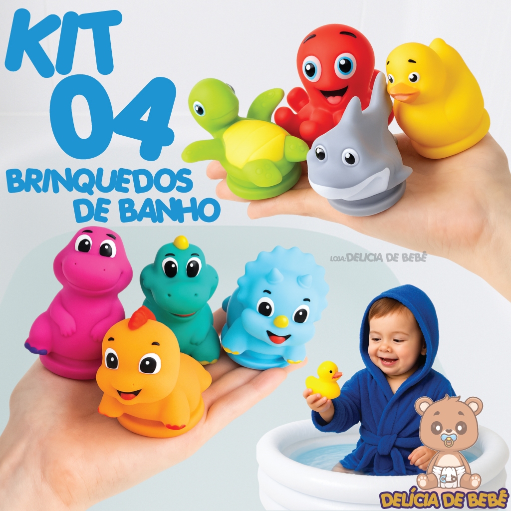 Kit Brinquedo de Banho para Bebê- Patinho- Dino- Flutuante- Macio- Água Banheira Piscina- Vila Toy em Oferta na Shopee