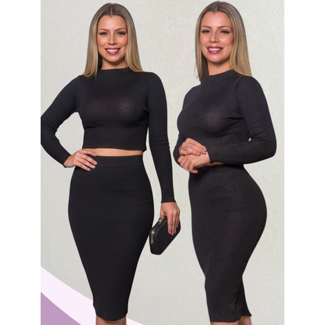 Conjunto Cropped Manga Longa + Saia Midi Feminina Gola Alta Casual Ribana Canelada Elegante