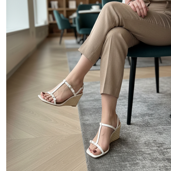 Sandália Anabela Feminina Branco Off White Tiras Finas Salto Médio em Juta Calce Fácil Envio Imediato