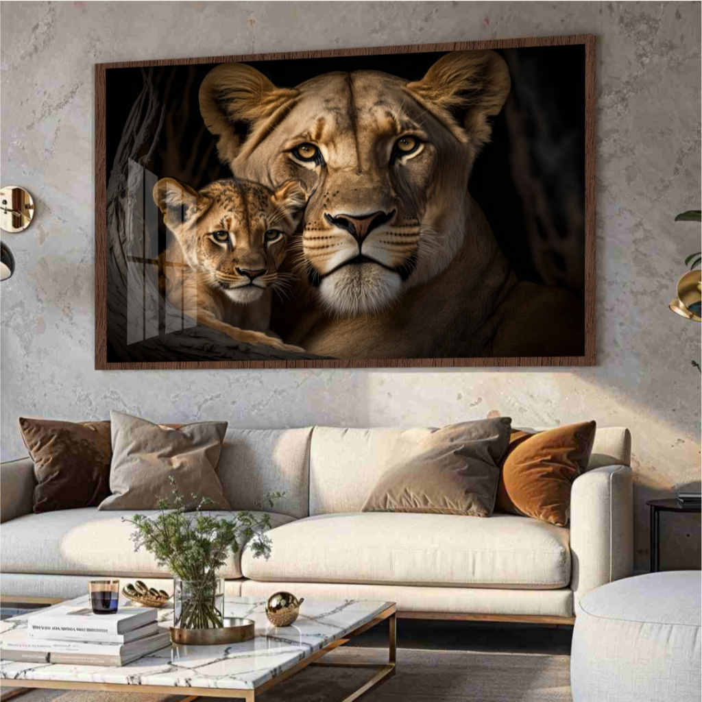 Quadro Moldura e Vidro Tamanho Grande Leoa Filhote Tons Marrom Bege Decoração Quarto Sala Escritório