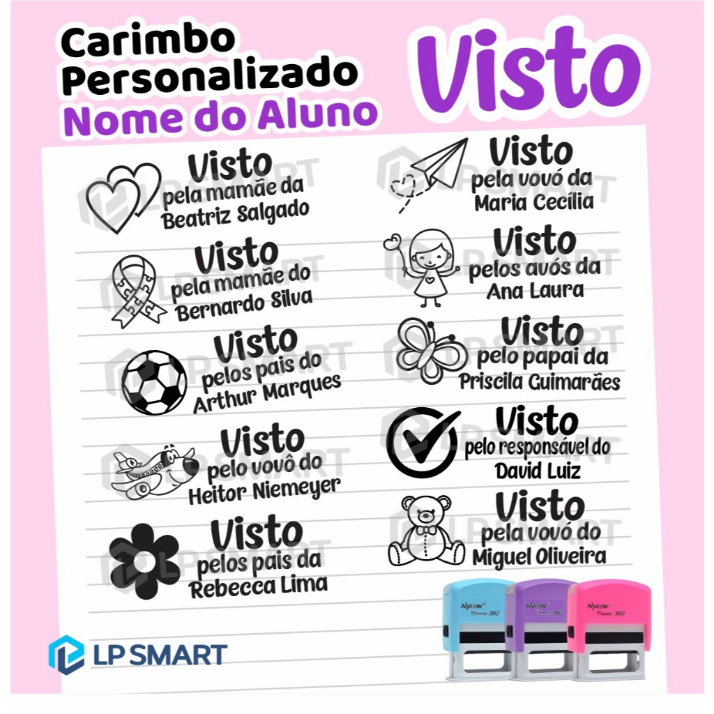 Carimbo Personalizado Automático Visto pela mamãe papai vovó vovô pais responsável material escola