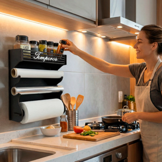 Porta Tempero de Parede com Porta Potes, Papel Alumínio, Papel Toalha e Papel Manteiga. Não inclui os Potes. em Oferta na Shopee