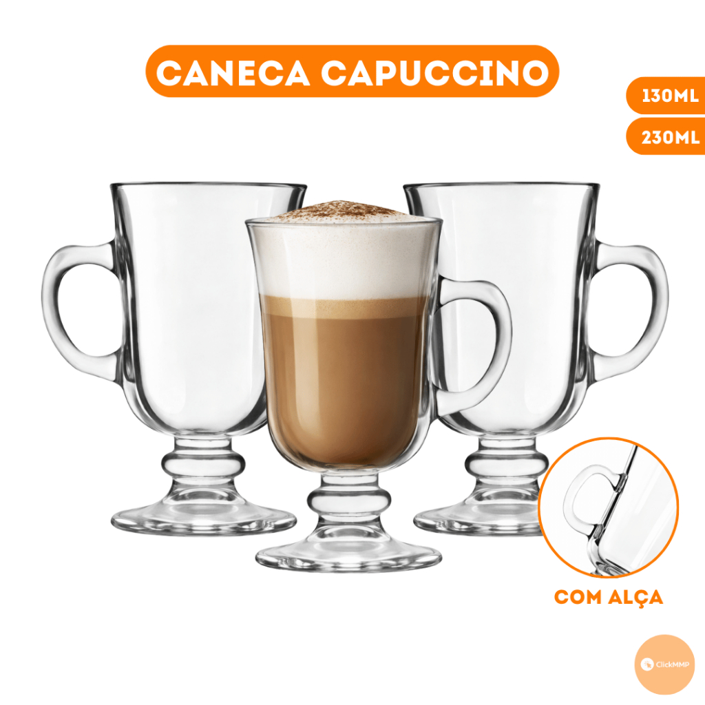 Kit 3/6 Canecas Vidro Capuccino Versátil Premium Com Alça 130ml/230ml em Oferta na Shopee