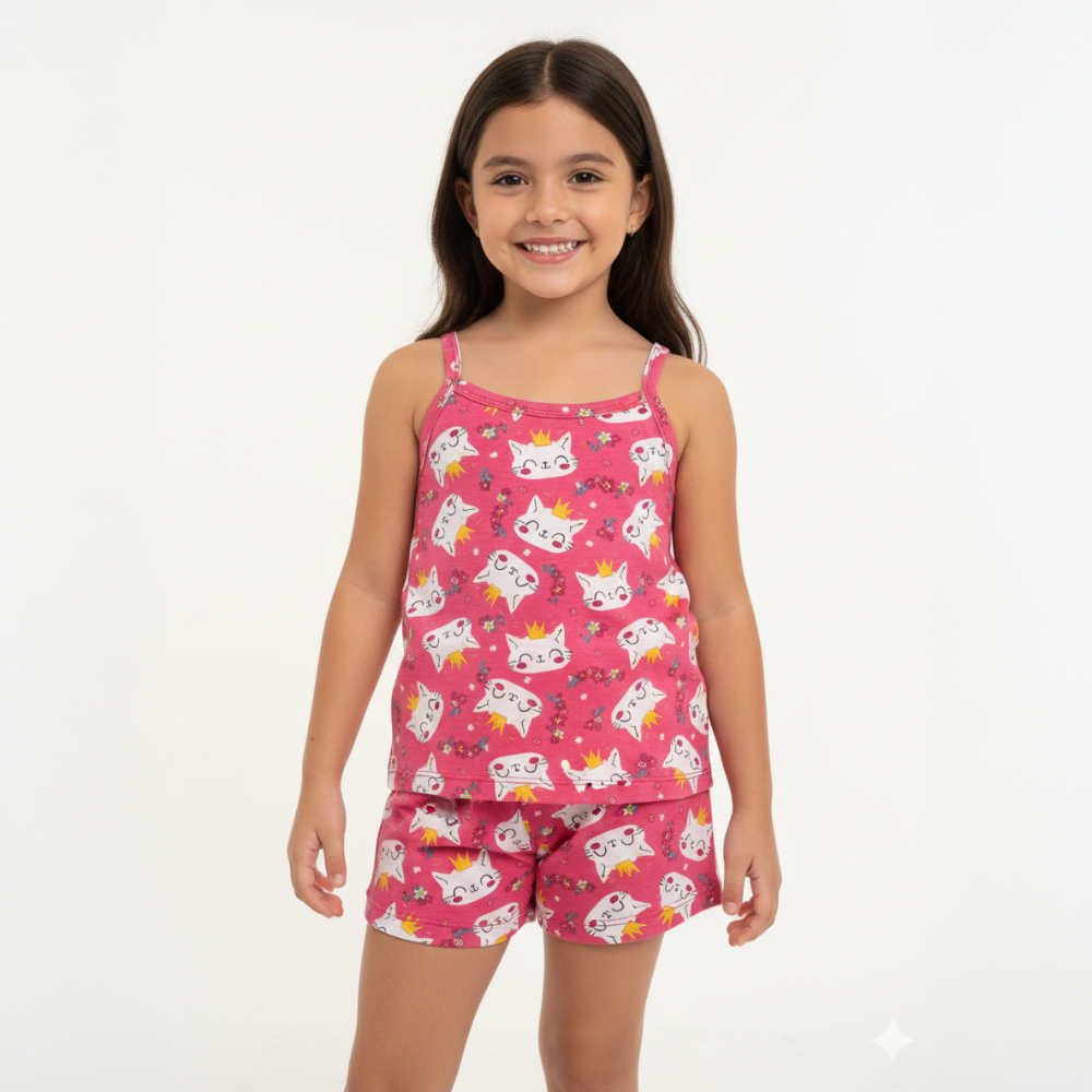 Pijama Infantil Feminino Baby Doll Alcinha + Short Doll Algodão Estampado Verão Promoção Lançamento