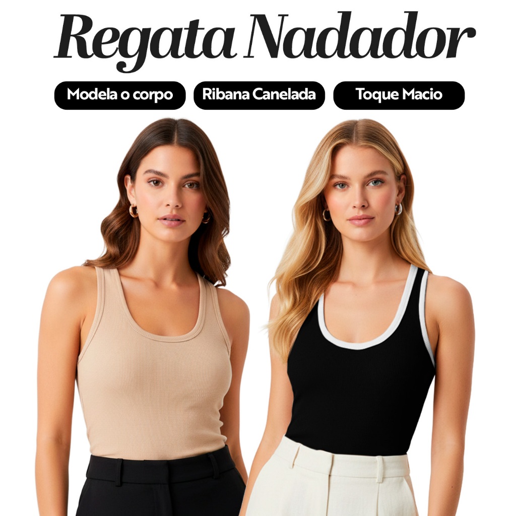 Kit 2 Regatas Nadador Femininas em Ribana - Regata Básica Feminina Casual Dia a Dia