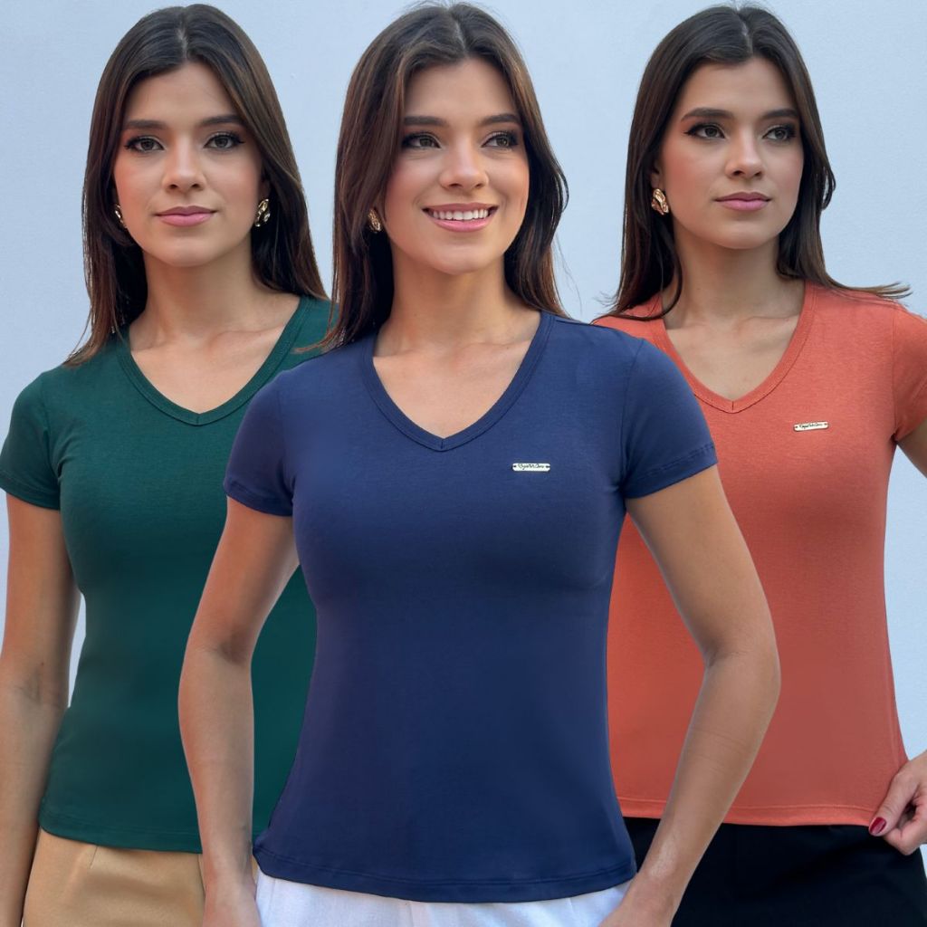 Kit 3 Blusa Feminina Gola V Baby Look Malha Viscolaycra Basica Manga Curta Confortável Elegante Moda T-Shirt Dia a Dia em Oferta na Shopee