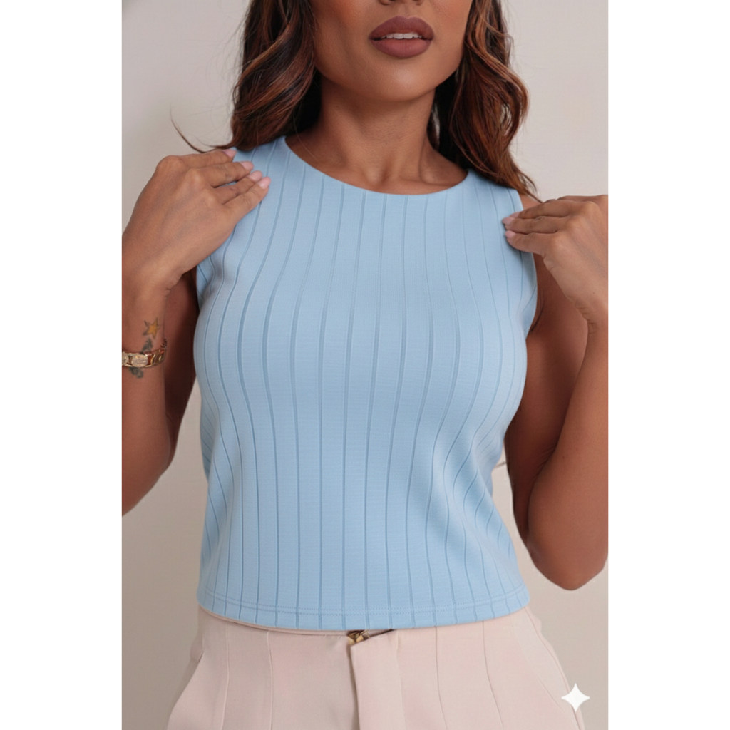 Cropped Regata Feminina Básica Lisa Canelada Com Elastano Gola Careca Casual Ideal para Festa, Evento, Dia Dia Noite