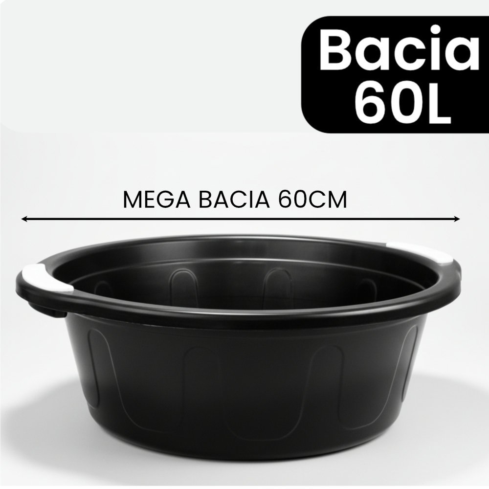 Bacia 60 Litros Plástica Com Alça Aplique Reforçada Preta Balde Grande Lavanderia