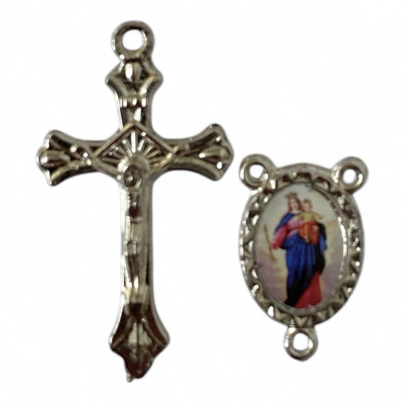 peças montagem de terço 12 cruz + 12 entremeios nossa senhora auxiliadora niquel