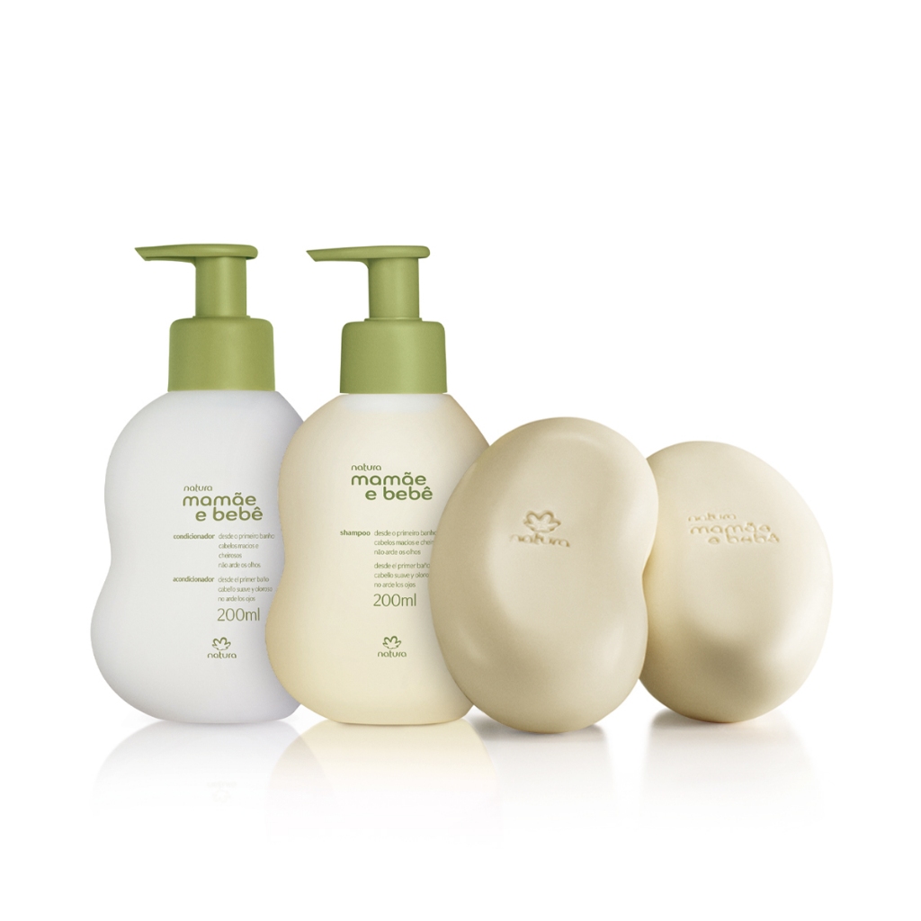 KIT NATURA MAMÃE E BEBÊ BANHO - SHAMPOO 200 ML, CONDICIONADOR 200 ML E 2 SABONETES EM BARRA 100 GRS CADA.