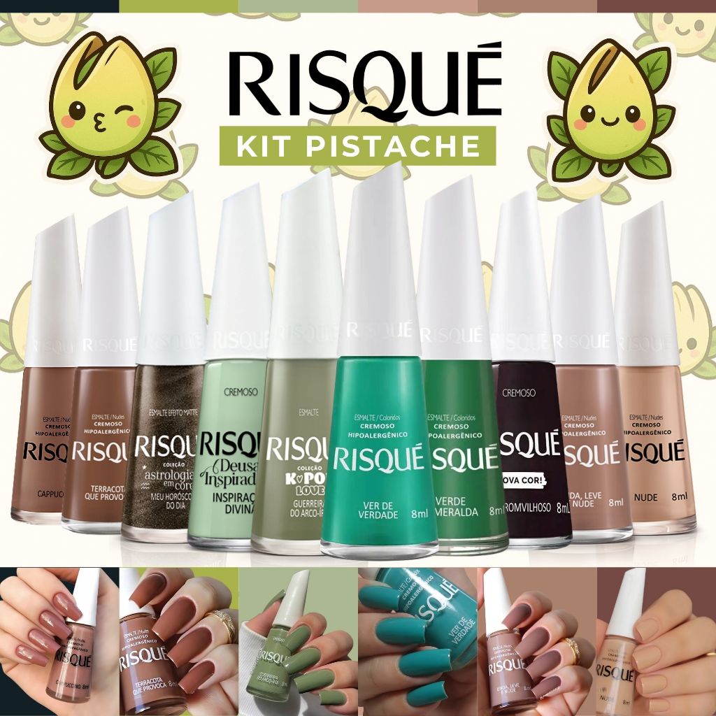 Kit 10 Esmaltes Risqué Verde Pistache Nude Marrom Esmalte Atacado