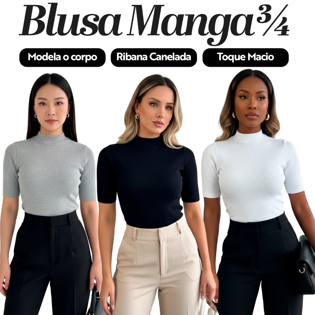 Kit 3 Blusas Gola Alta Ribana Canelada Manga 3/4 em Algodão - Camisa Básica Feminina Casual