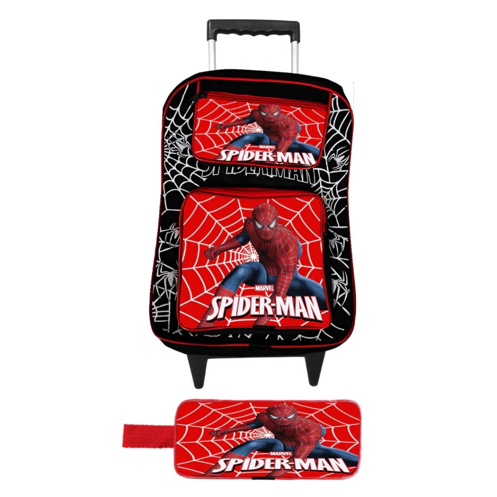 Mochila Infantil Homem-Aranha com Rodinhas + Estojo Escolar Menino Spider-Man