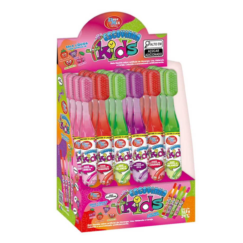 BALA LIQUIDA  ESCOVINHA KIDS DISPLAY  C/ 24 UNIDADES 7G  SABOR CEREJA , UVA , MELANCIA E MORANGO