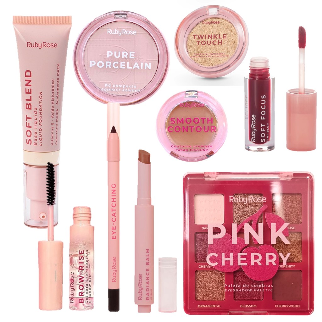 Kit Maquiagem Linha Rosa Ruby Rose com Base Pó Facial Contorno Iluminador e Paleta de Sombras