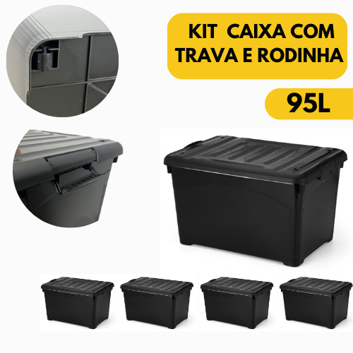 Kit Caixa Organizadora 95 Litros com Tampa,Rodinhas,Trava Reforçada Multiuso Preta Brinquedos 2-4 UN em Oferta na Shopee