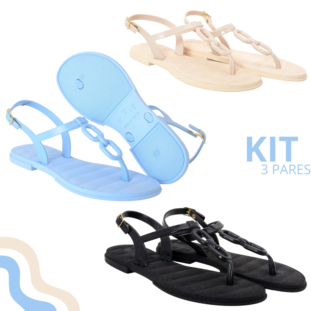 Kit Sandália Feminina Rasteirinha Leve Corrente Confortável em Oferta na Shopee
