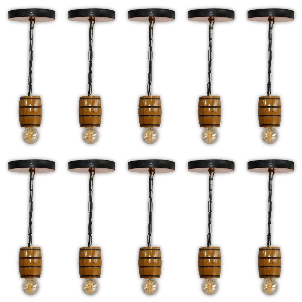 Kit 10 Luminária Pendente Lustre Rústico Vintage Colonial em Madeira Maciça Modelo Barril - Cerejeira