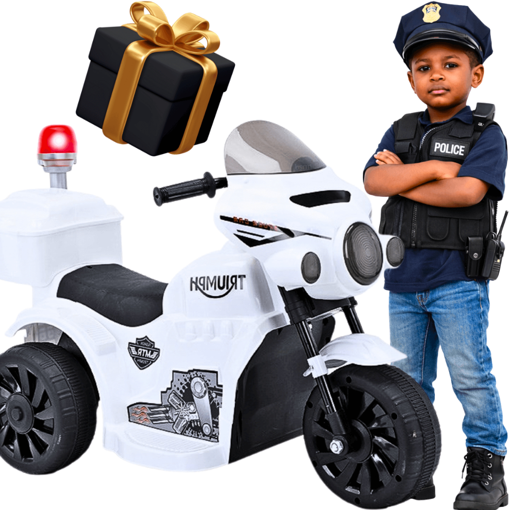 Motinha elétrica Infantil triciclo policial patrulha com sirene musica luzes led marcha ré e cesto