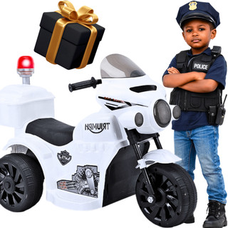 Motinha elétrica Infantil triciclo policial patrulha com sirene musica luzes led marcha ré e cesto
