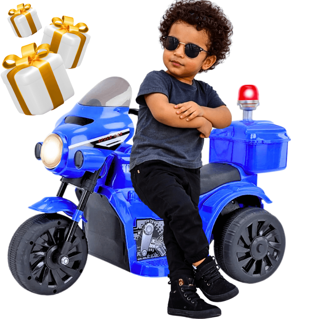 Moto Eletrica Infantil De Patrulha Policial Com efeitos de Sirene musica farol led marcha ré e baú