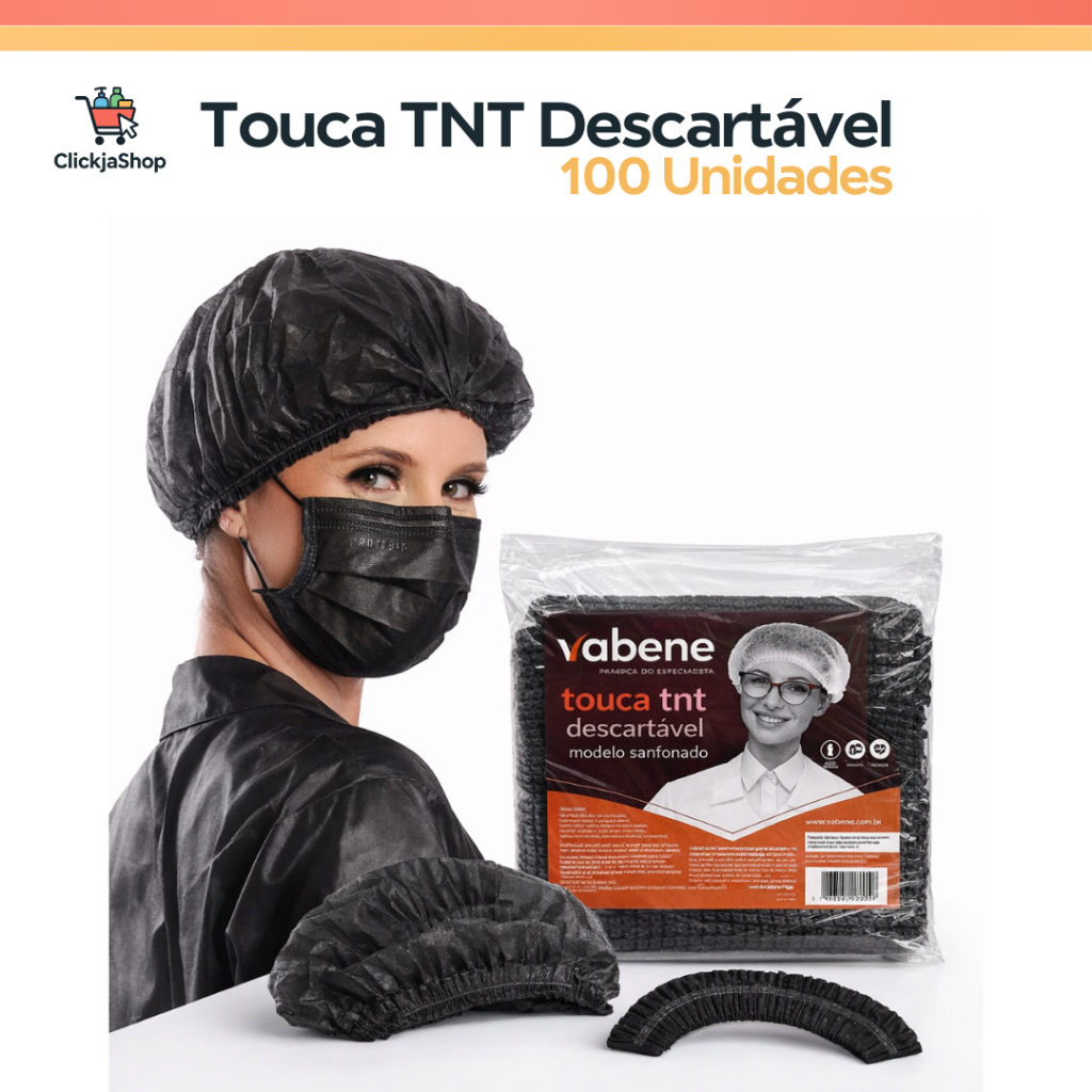 Touca Descartável Sanfonada Com Elástico TNT Pacote 100 Unidades Vabene Cor Preta