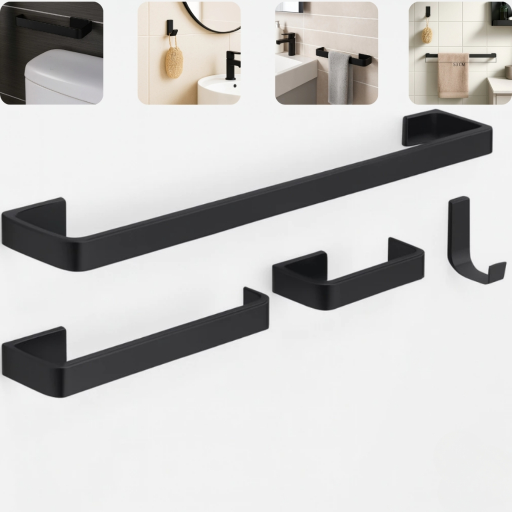 Kit Acessórios Para Banheiro 04 Peças Inox Quadrado Conjunto Completo Preto Fosco Luxo em Oferta na Shopee