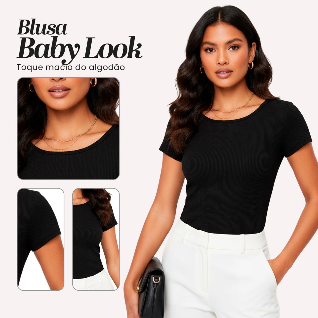 Blusa Feminina Baby Look Ribana Premium Canelada Blusa Básica Elegante Flexível Leve Moda Dia a Dia Casual
