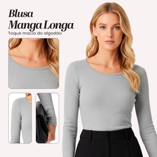 Blusa Manga Longa de Ribana Premium: Elegância e Conforto para Mulheres, Perfeitas para o Dia a Dia em Oferta na Shopee