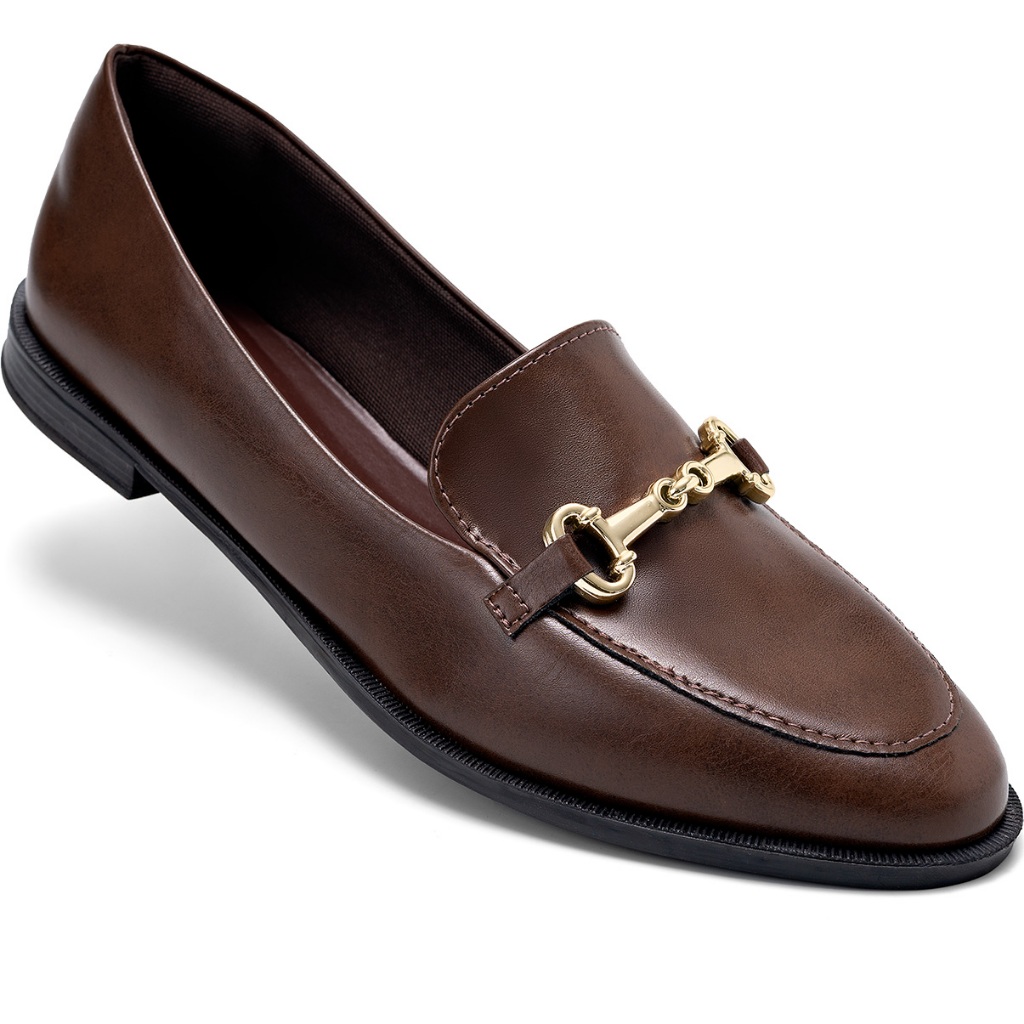 Mocassim Feminino Lumiss Bico Redondo Confortável Enfeite Metalizado Marrom em Oferta na Shopee