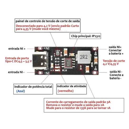 Módulo de Carregamento, IP2312 Tipo C Placa de Carregamento Rápido Com Saída 3A 4.2V, Carga de Gotejamento para Bateria