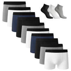 Kit 10 Cuecas Boxer Algodão Basic + 3 Pares de Meias Algodão Cano Curto Sortido