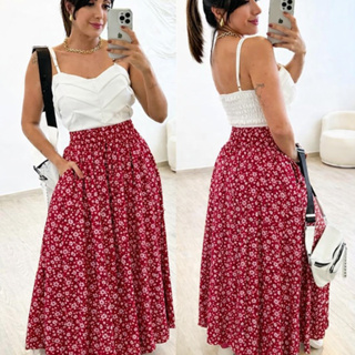 Saia Longa Floral Feminina Cintura Alta com Fendas Laterais Estilo Casual Elegante em Oferta na Shopee