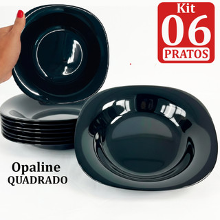 Kit Jogo 6 Pratos Quadrado Fundo Preto Opaline Liso Vidro Temperado 22,5cm Elegante Cozinha 6 Unidades