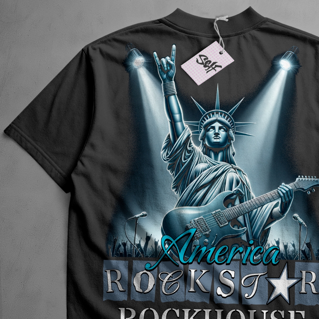 Camiseta Oversized Preta com estampa "America Rockstar Rockhouse 34