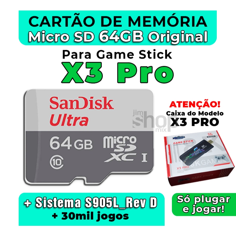 Cartão de Memória MicroSD 64GB Original +Sistema P/ GameStick X3 Pro +Jogos - Envio Imediato