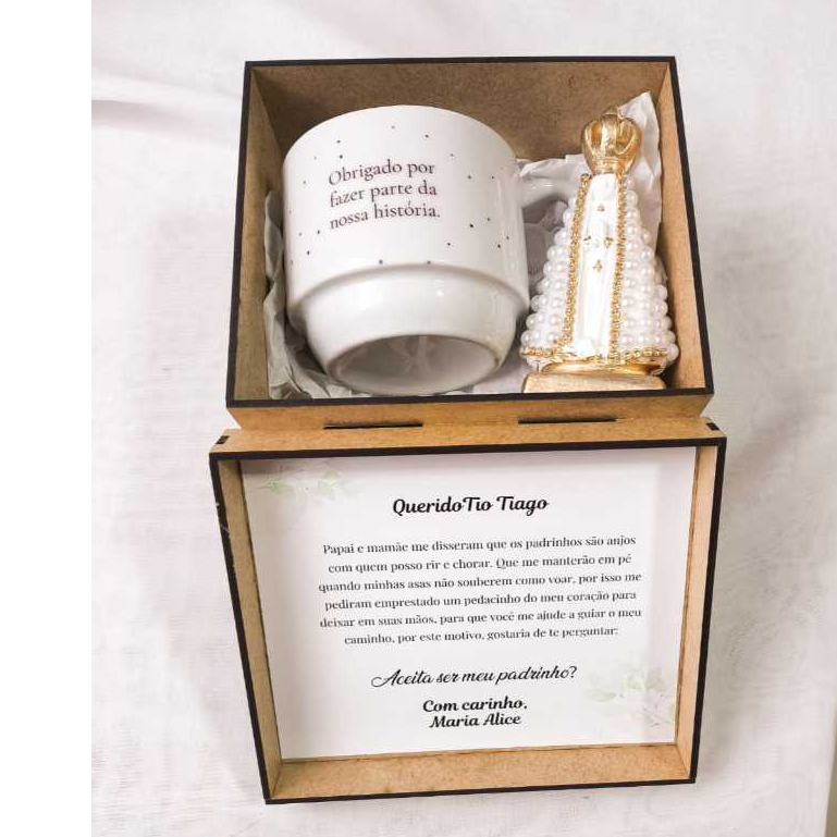 Kit Convite de Padrinho de Batismo ou Casamento com Xícara + Nossa Senhora em Gesso + Caixa MDF em Oferta na Shopee