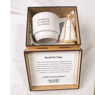 Kit Convite de Padrinho de Batismo ou Casamento com Xícara + Nossa Senhora em Gesso + Caixa MDF em Oferta na Shopee