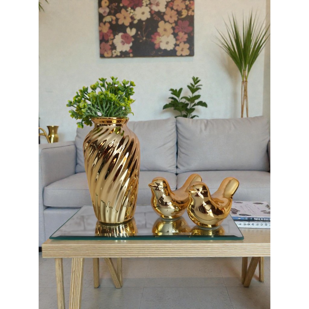 Kit 3 Peças  Conjunto Vasinho Passarinhos Pássaros Bandeja Espelhada Decoração elegante Coisas Diferentes Para Casa