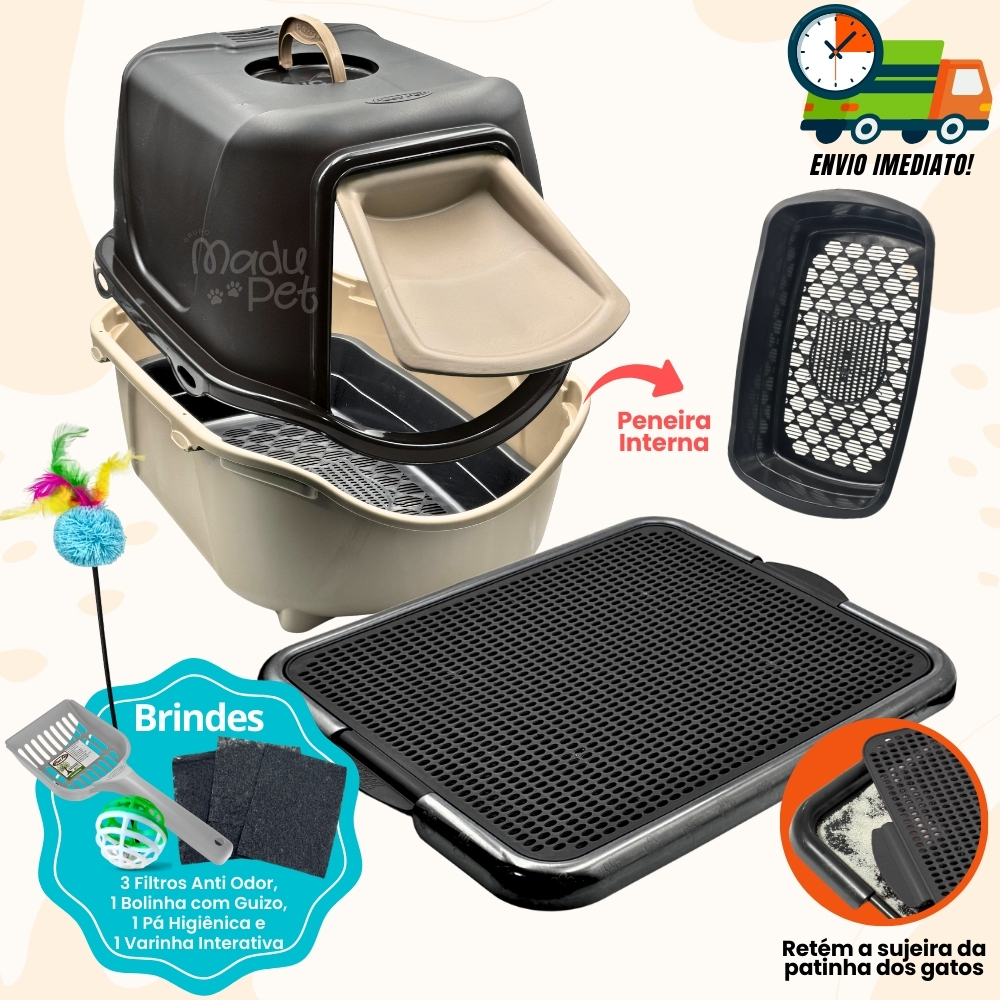 Kit Caixa de Areia Fechada Para Gatos Com Peneira Interna + Tapete Coletor + Pá e Filtro Anti Odor em Oferta na Shopee